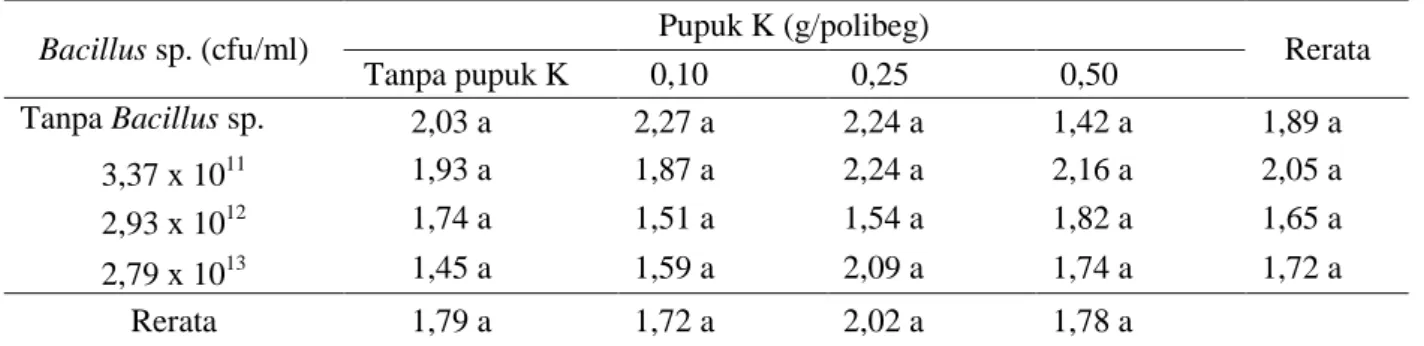 Tabel  4  menunjukkan  bahwa  semua  kombinasi  perlakuan  Bacillus  sp.  endofit  dan  pupuk  K  serta  faktor  tunggal  Bacillus  sp