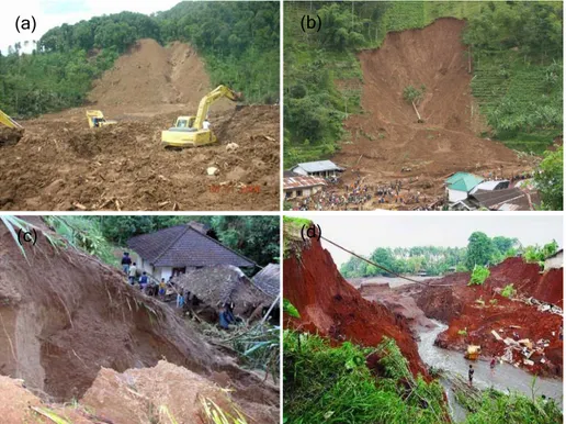 Gambar 1. 4 Beberapa kejadian longsor di Indonesia: (a) longsor debris di  Banjarnegara 4 Januari 2006, (b) longsor gelincir di Tawangmangu 25 Desember 