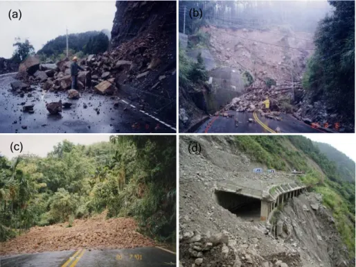 Gambar 1.5 Kejadian longsor pada ruas jalan T-18 dan T-21 di Taiwan: (a) longsor  tipe runtuhan batuan, (b) longsoran gelincir, (c) aliran debris, dan (d) runtuhan debris 