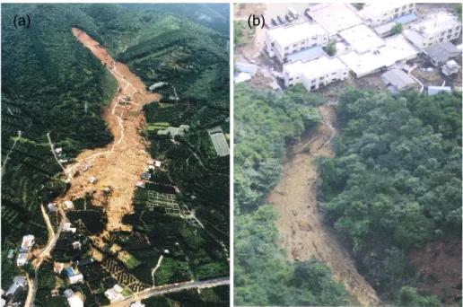 Gambar 1.7 Longsor debris di Jepang: (a) longsor yang terjadi di Izumi, Kagoshima  pada lereng bukit di sepanjang Hariharagawa, (b) longsor di Keyaki-sou