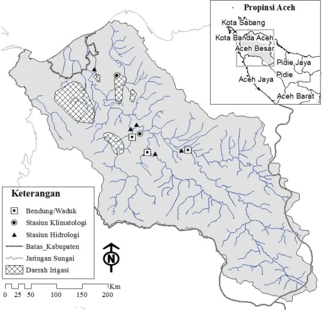 Gambar 1. DAS Krueng Aceh dengan jaringan sungai, daerah Irigasi serta stasiun  hidroklimatologinya 