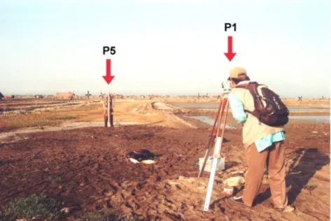 Gambar 9B2. Patok titik lokasi B pada bulan September 2009. P1 menunjuk ke patok (tepat di bawah Waterpass) yang telah berada di tengah endapan pasir (berm)