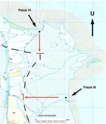Gambar 10. Plot prediksi perubahan garis pantai dan posisi garis pantai pada tahun 2100 (garis putus-putus) di kawasan pesisir Mundu berdasarkan pengamatan periode tahun 2008 – 2009.