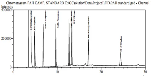 Gambar 3. Kromatogram PAH standard dengan GC-FID kolom CP-Sil 8-CB 1000 ppm. 