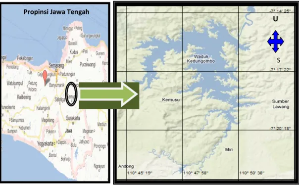 Gambar 2. Peta lokasi daerah penelitian ikan betutu di Waduk Kedung Ombo Propinsi Jawa Tengah.
