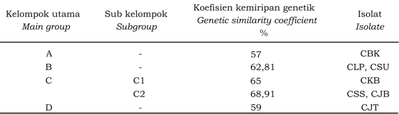 Tabel 1. Pengelompokan tujuh isolat Corynespora berdasarkan dendogram keragaman genetik Table 1