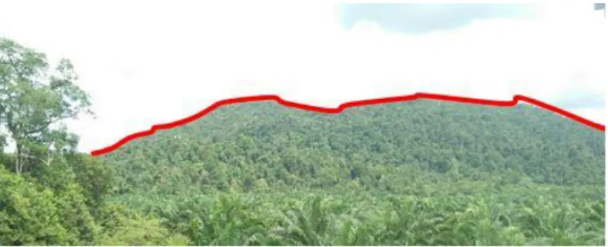 Gambar 4. Kenampakan satuan geomorfologi Perbukitan Curam Vulkanik diambil dari  stasiun  AF-28  Desa  Kacangbutor  (garis  merah,  azimuth  foto:  210 o  ke  Utara) 
