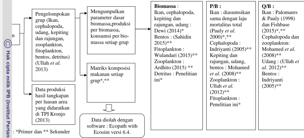 Gambar 3  Prosedur penelitan model trofik pesisir Kabupaten Tangerang Tahapan penelitian Pengelompokan grup (Ikan, cephalopoda, udang, kepiting dan rajungan, zooplankton, fitoplankton, bentos, detritus) (Ullah et al