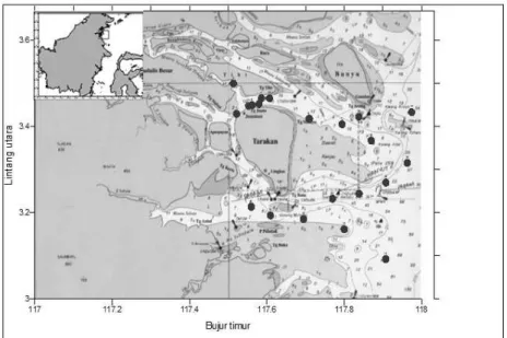 Gambar 1. Peta lokasi penelitian (• = posisi stasiun penangkapan) Figure 1. The maps of research location (• = fishing positions)