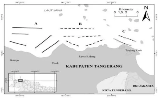 Gambar  1.  Peta  lokasi  penelitian  biomassa  ikan  di  pesisir  Kabupaten  Tangerang,  Provinsi  Banten (A:         Kronjo, B --- : Cituis, C - 