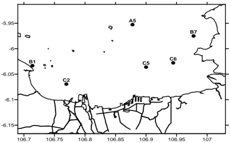 Gambar 1. Lokasi survey dan stasiun penelitian di perairan Teluk  Jakarta, 2011. 