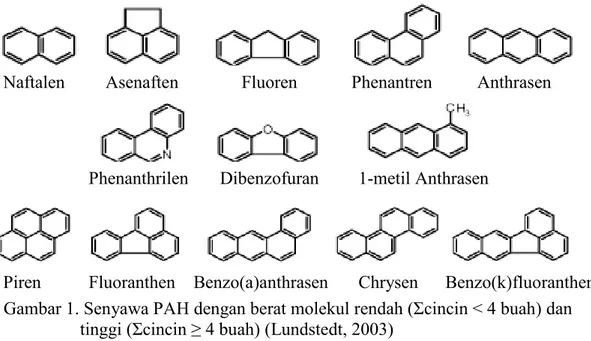 Gambar 1. Senyawa PAH dengan berat molekul rendah (Σcincin &lt; 4 buah) dan tinggi (Σcincin ≥ 4 buah) (Lundstedt, 2003)