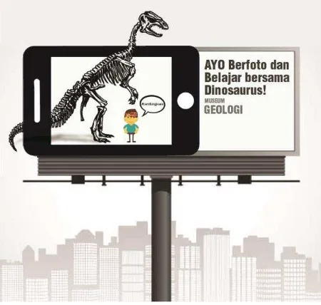 Gambar di atas adalah desain billboard untuk menarik wisatawan dalam mengunjungi museum Geologi, dengan konsep kartun dan icon dinosaurus diharapkan akan menarik minat wisatawan serta dengan tagline Ayo berfoto dan belajar bersama Dinosaurus 