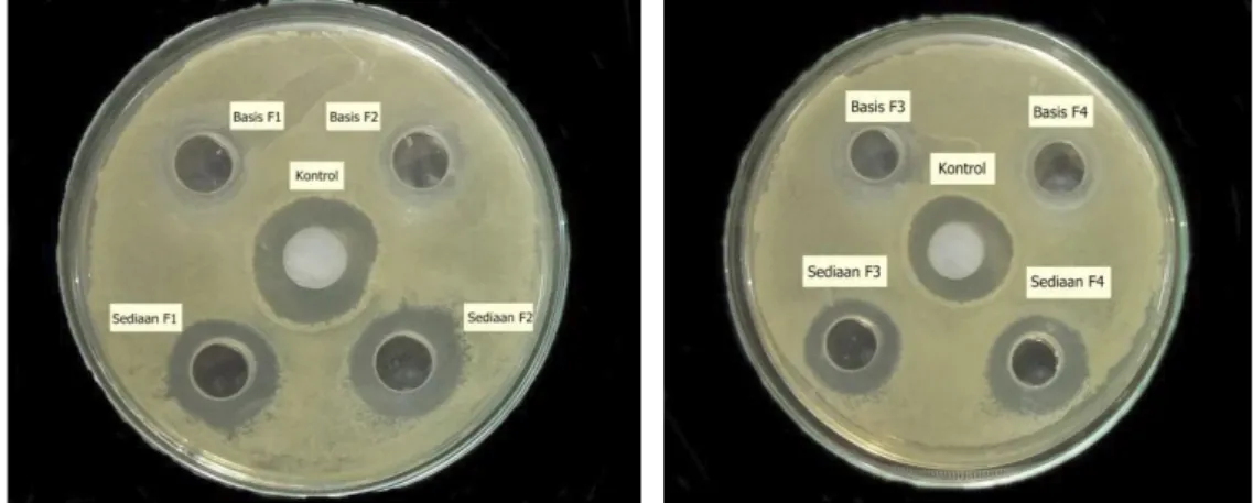 Gambar 2.  Hasil uji aktivitas antibakteri salep minyak atsiri kemangi terhadap Staphylococcus aureus