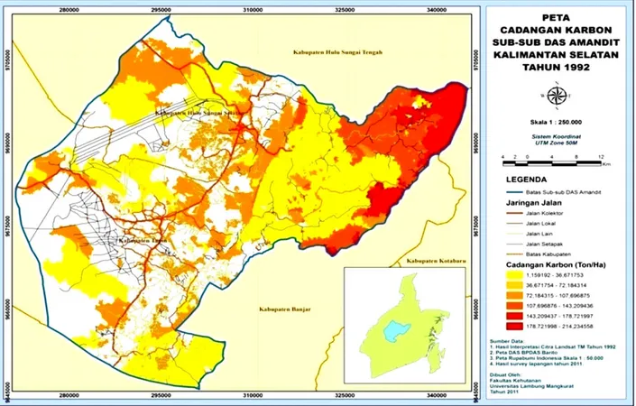 Gambar 1. Peta cadangan karbon Sub-sub DAS Amandit tahun 1992 Figure 1. Map of Carbon Stock in Amandit Sub-sub DAS in 1992