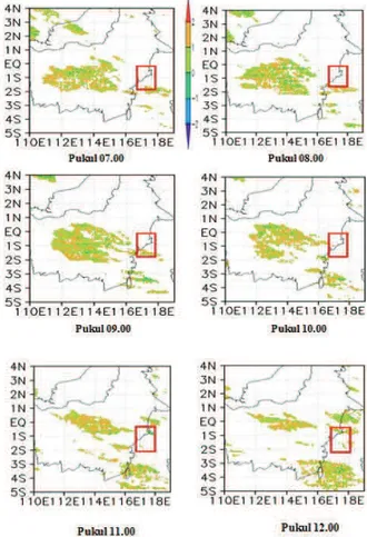 Gambar  3.5  Klasifikasi  Awan  Cumulonimbus  dengan  Data  TBB  IR1  dan  IR2  pada  tanggal  24  Februari  2011  (03.00  WITA  –  12.00  WITA)   dengan  Blok  Mahakam  berada  pada  kotak  merah         