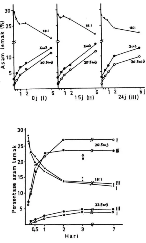 Gambar 2.   Pengaruh pembudidayaan tingkat kedua dengan Chlorella laut terhadap kandungan  asam lemak pada rotifera Brachionus plicatilis, pada masing-masing periode tanpa  makanan Q (I), 1,5 (II) dan 24 jam (III) setelah pemberian Chlorella  (KITAJIMA et 