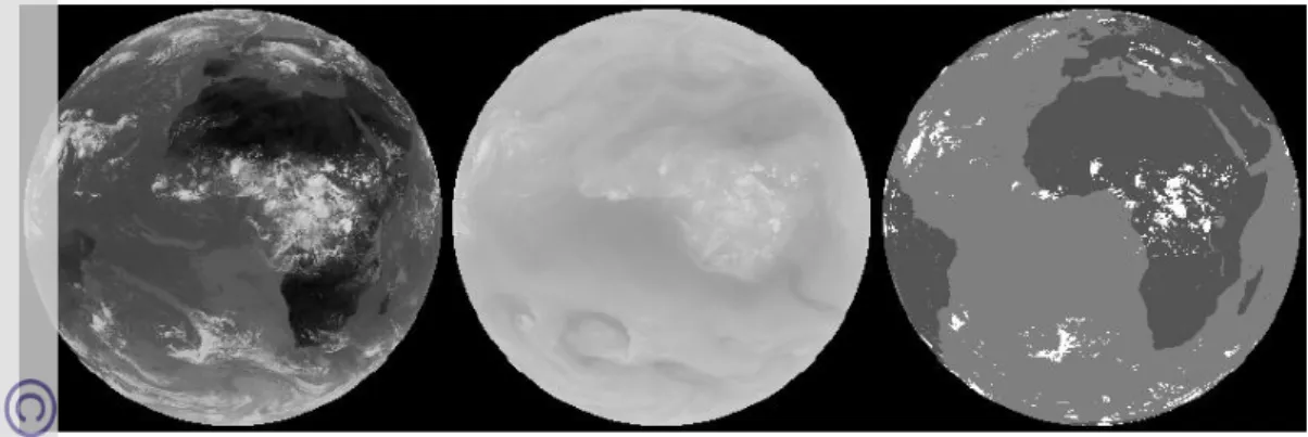 Gambar 6 Suhu kecerahan awan pada 10,8 μm (kiri), (tengah) suhu uap air pada 6,2 μm, (kanan)  awan potensi hujan (sumber: Kidder et al