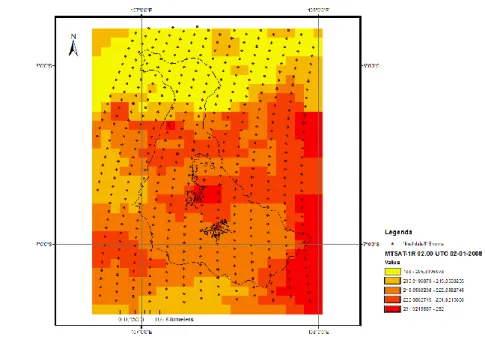 Gambar  11  Plot  data  spasial  antara  Suhu  Kecerahan  MTSAT  IR1  02.00  UTC  dan  laju  hujan  TRMM 2A12 pada 02.19 UTC 2 Januari 2008 setelah dilakukan proses cropping pada  wilayah kajian 