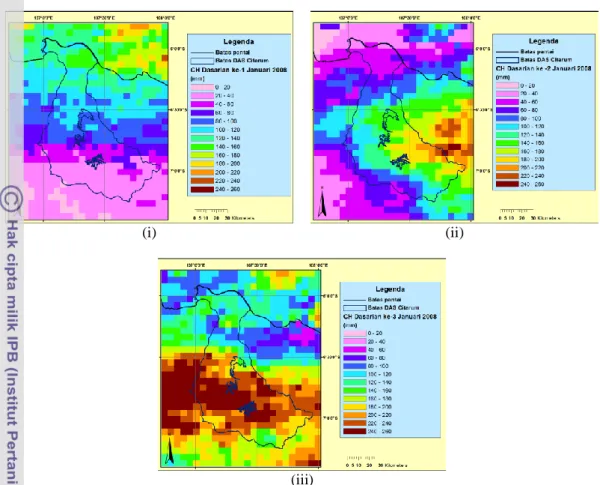 Gambar  15  Distribusi  spasial  curah  hujan  dugaan  bulan  Januari  2008:  (i)  dasarian  ke-1;  (ii)  dasarian ke-2; (iii) dasarian ke-3 