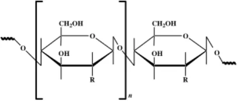 Gambar 1  Struktur unit ulangan kitin (R= - -NHCOCH 3 ) dan kitosan (R=  -NH 2 ) 