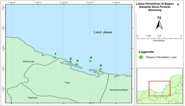Gambar 1. Lokasi penelitian di wilayah perairan laut bagian barat Semarang  beberapa  daerah  ketersedianya  masih  ada,  hal  ini 