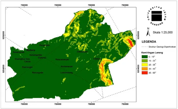 Gambar 3. Peta Slope morphology Desa Margamukti, Kecamatan Pangalengan, Kabupaten Bandung yang merupakan  hasil analisis dari data Digital Elevation Model (DEM) yang didapatkan dari Aster Global DEM [8]