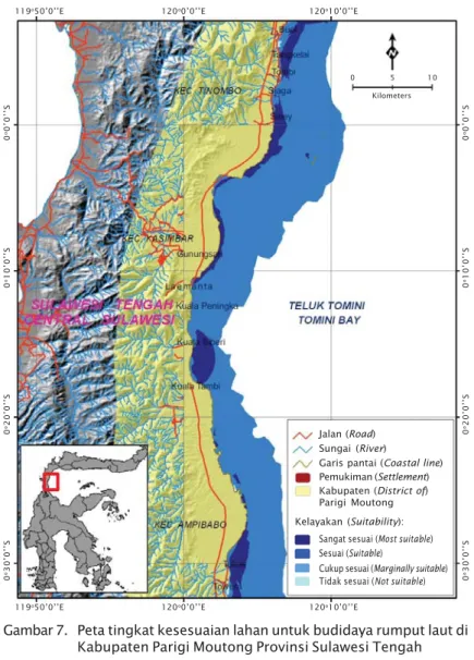 Gambar 7. Peta tingkat kesesuaian lahan untuk budidaya rumput laut di Kabupaten Parigi Moutong Provinsi Sulawesi Tengah Figure 7