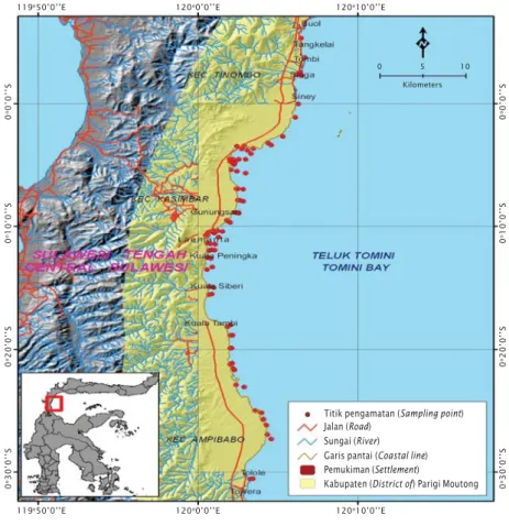 Gambar 1. Lokasi penelitian di Kabupaten Parigi Moutong Provinsi Sulawesi Tengah dan sebaran titik pengamatan kualitas perairan