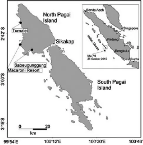 Gambar 2. Lokasi survei endapan tsunami Mentawai 2010 (Putra et al., 2013a). 