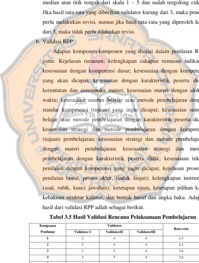 Tabel  3.4  menunjukkan  bahwa  rata-rata  skor  yang  diperoleh  dari  validator  I  yaitu  4;  validator  II  yaitu  4,2;  dan  validator  III  yaitu  4,4
