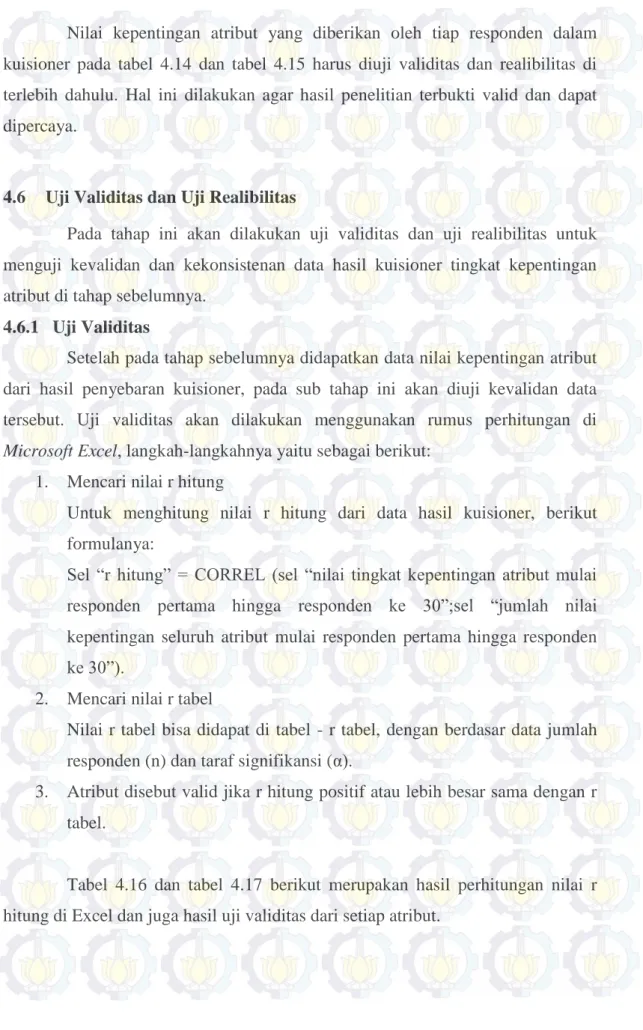 Tabel  4.16  dan  tabel  4.17  berikut  merupakan  hasil  perhitungan  nilai  r  hitung di Excel dan juga hasil uji validitas dari setiap atribut