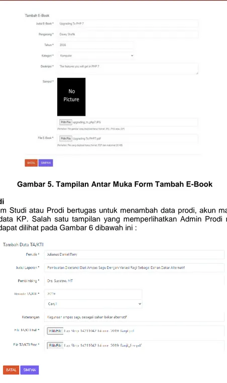 Gambar 5. Tampilan Antar Muka Form Tambah E-Book  4.2.  Program Studi  