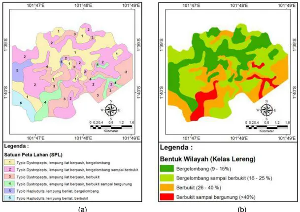 Gambar 1.   Peta  Satuan  Lahan  (a)  dan  Kelas  Lereng  (b)  Wilayah  Penelitian  UPT  Rantau  Pandan SP-1 
