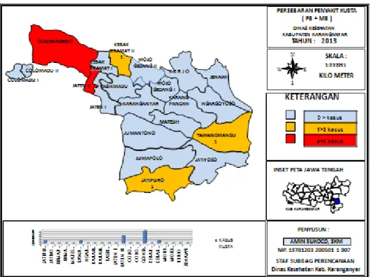 Gambar 3.2 : Peta Penyebaran Penemuan Penderita Baru Kusta PB dan MB  di Kabupaten Karanganyar Tahun 2013 