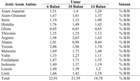Tabel 2. Hasil analisis asam amino ikan jelawat berdasarkan perbedaan umur    panen 