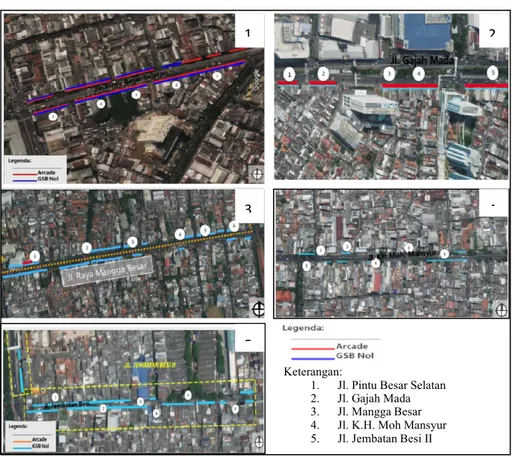 Gambar 6. Mapping penerapan GSB nol dan arkade pada area studi  Sumber: Olahan penulis, 2019 