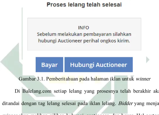 Gambar 3.1. Pemberitahuan pada halaman iklan untuk winner            Di  Balelang.com  setiap  lelang  yang  prosesnya  telah  berakhir  akan  ditandai dengan tag lelang selesai pada iklan lelang