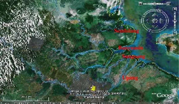 Gambar 1. Peta Citra Satelit Empat Lokasi Penelitian di Perairan Estuaria Kabupaten Banyuasin Tahun 2006