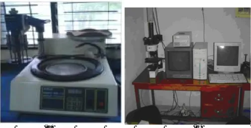 Gambar 9.    Peralatan pengamatan struktur mikro, a) Mesin Grinder dan Polisher, b) Mikroskop  3