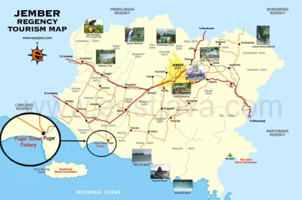 Gambar  1.1  Peta  Jember  Regency  Tourism  Map  menunjukkan  Lokasi  Pantai  Puger (EastJava, 2015) 