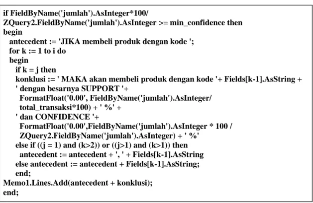 Gambar 4.7 Running dan Testing Program Apriori     if FieldByName('jumlah').AsInteger*100/ 