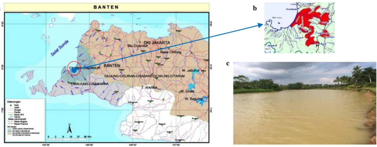 Gambar 1. -(a) Lokasi penelitian berdasarkan peta wilayah Sungai Ciliman - Cibungur di Provinsi Banten; (b) Peta daerah rawan banjir lokasi  Sungai Cilemer bersumber data Balai Besar Wilayah Sungai Ciliman - Cisawarna; (c) Lokasi eksisting Sungai Cilemer