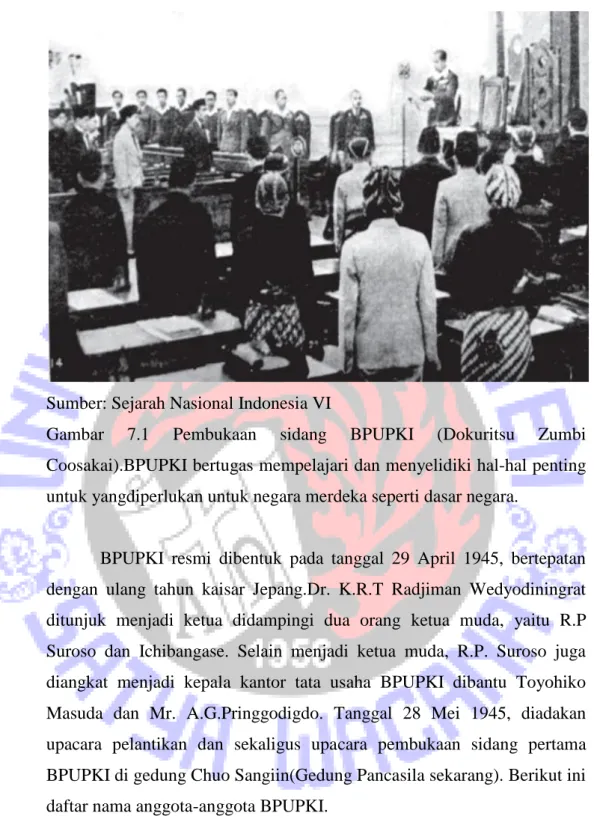 Gambar  7.1  Pembukaan  sidang  BPUPKI  (Dokuritsu  Zumbi  Coosakai).BPUPKI bertugas mempelajari dan menyelidiki hal-hal penting  untuk yangdiperlukan untuk negara merdeka seperti dasar negara