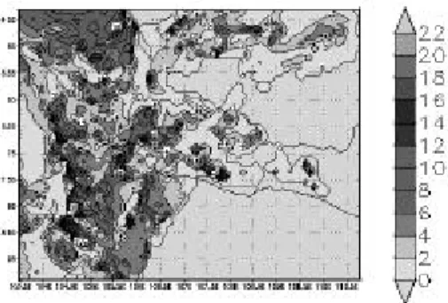 Gambar 2. Prakiraan  RSM (Regional Spectral  Model) daerah Pantura dengan kisaran  presipitasi 1-8 mm  (Gambar 2a.); 5–25 mm  (Gambar 2b.); 2  - 6 mm (Gambar 2c.); dan 2-10  mm (Gambar 2d.) untuk periode 6-jam, tanggal  22 Desember 1998