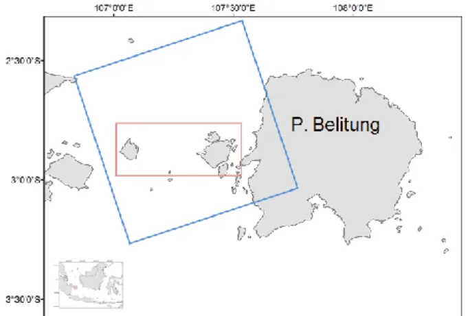 Gambar  1.  Lokasi  Penelitian  di  wilayah  perairan  Pulau  Belitung  (kotak  biru  melambangkan  cakupan  data  Radarsat-2;  kotak  merah  melambangkan  daerah  penangkapan ikan kapal tradisional)