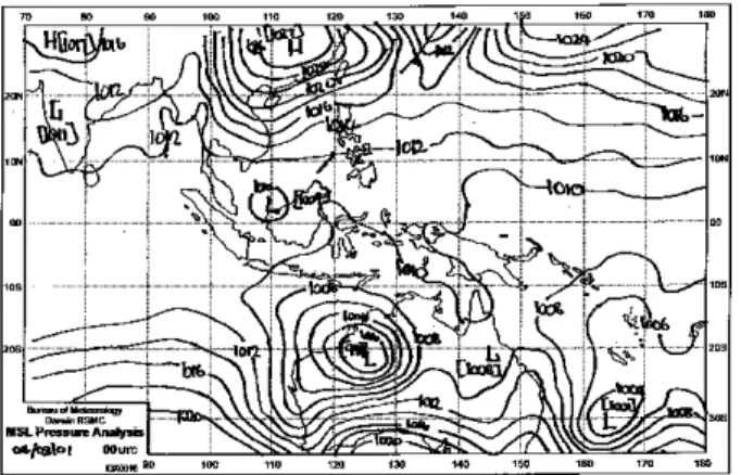 Gambar 1. Pola isobar pada level muka laut  tanggal 4 Maret 2001, pkl. 07:00 wib. (Dari  http://www.BoM.Gov.Au/weather/nt) 