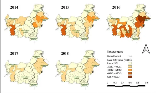Gambar 1. Luas deforestasi (hektar) menurut provinsi di Kalimantan tahun 2014-2018. 