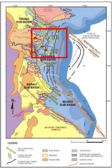Gambar  2.Peta  Geologi  Cekungan  Tarakan  yang  disederhanakan  (dimodifikasi  dari Pertamina BEICIP, 1992; Hidayat dkk, 1992) 