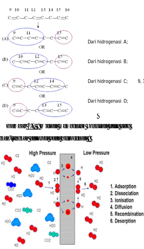 Gambar 2.7  : Migrasi membentuk konjugasi fatty acid  Langkah-langkah adsorpsi pada hidrogenasi : 